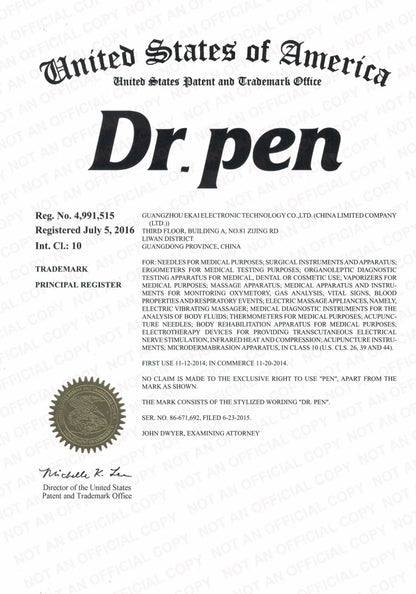 Certificat officiel de l'Office des brevets et des marques des États-Unis montrant l'enregistrement de la marque Dr. Pen.