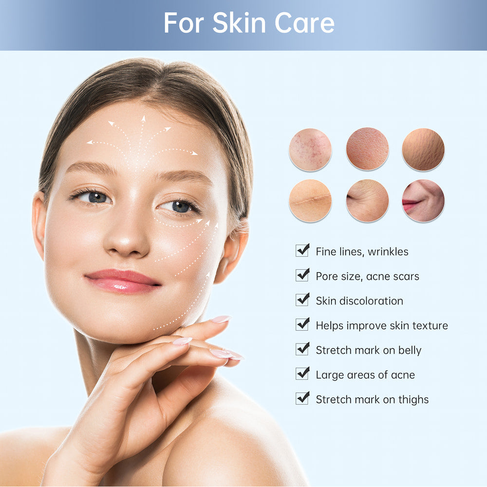 Illustration d'une femme avec des flèches marquées sur le visage montrant les zones de soin de la peau ainsi que de petits exemples de peau à côté et une liste de problèmes de peau qui peuvent être traités, tels que les ridules, les pores, les cicatrices d'acné et la texture de la peau.