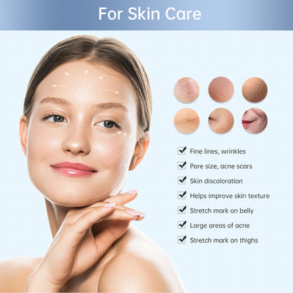 Illustration d'une femme avec des flèches marquées sur le visage montrant les zones de soin de la peau ainsi que de petits exemples de peau à côté et une liste de problèmes de peau qui peuvent être traités, tels que les ridules, les pores, les cicatrices d'acné et la texture de la peau.