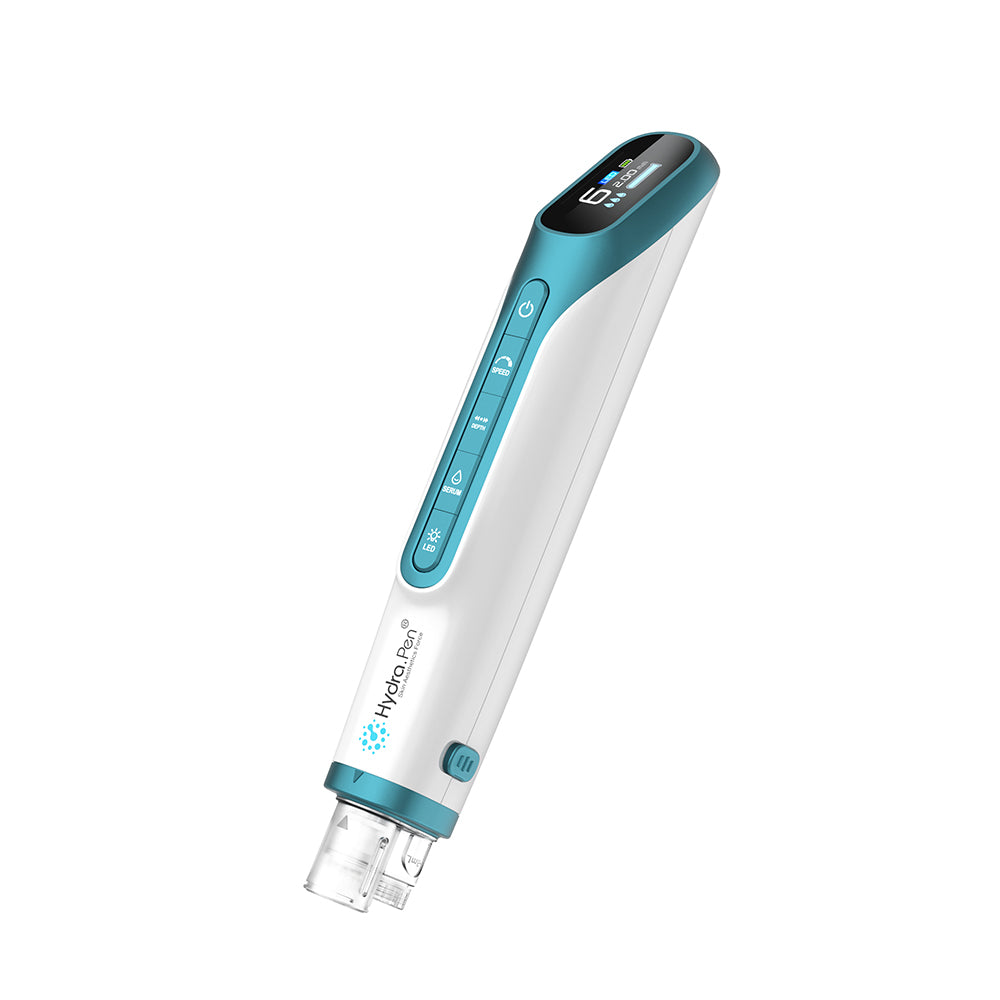 Hydra Pen H6 stylo de microneedling en vue latérale avec affichage numérique et fonction d'infusion de sérum intégrée pour des soins de la peau professionnels.