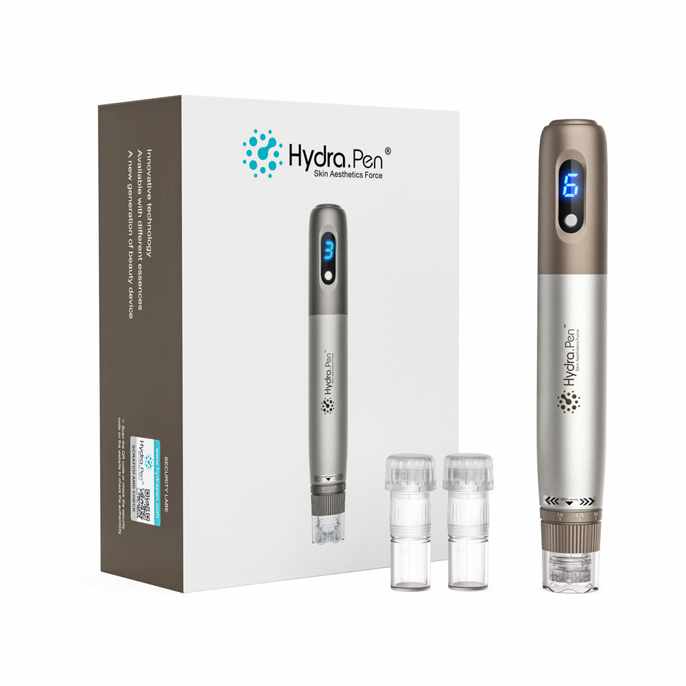HydraPen h3 microneedling-stylo avec affichage de vitesse LED, deux cartouches d'aiguilles et emballage – appareil professionnel pour le traitement de la peau et l'application de sérum.