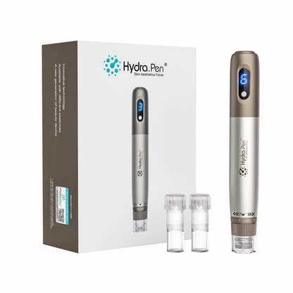 HydraPen h3 microneedling-stylo avec affichage de vitesse LED, deux cartouches d'aiguilles et emballage – appareil professionnel pour le traitement de la peau et l'application de sérum.
