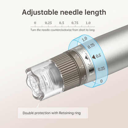 HydraPen h3 avec profondeur d'aiguille réglable de 0 à 1.0 mm et double protection avec anneau de sécurité pour un microneedling précis et sûr.