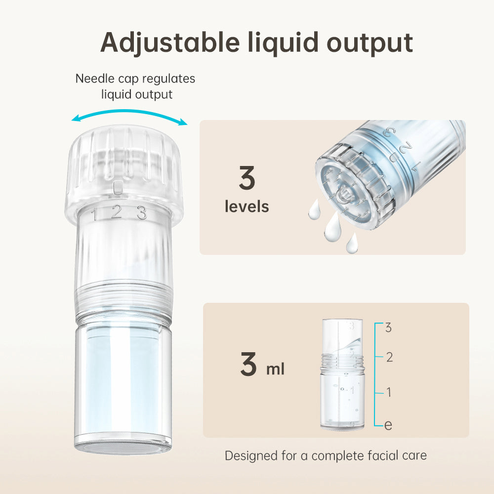 HydraPen H3 tête d'aiguille avec dosage de liquide réglable en trois niveaux et réservoir de 3 ml pour un traitement facial précis et complet.