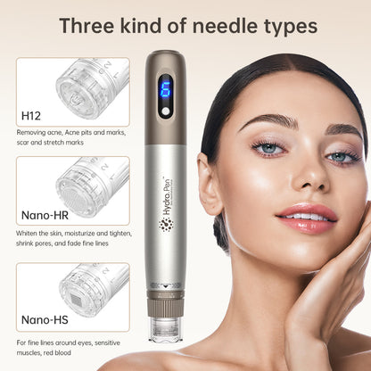 HydraPen H3 avec trois types d'aiguilles différents – H12 pour les cicatrices et l'acné, Nano-HR pour le renouvellement de la peau et la réduction des pores, et Nano-HS pour les zones sensibles autour des yeux.