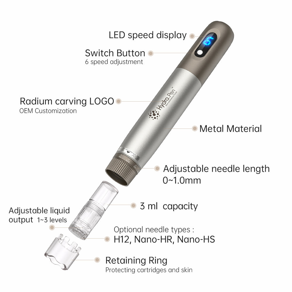 HydraPen h3 avec affichage de vitesse LED, 6 vitesses, profondeur d'aiguille réglable 0–1,0 mm, réservoir de liquide de 3 ml, libération de liquide réglable et types d'aiguilles compatibles H12, Nano-HR et Nano-HS.