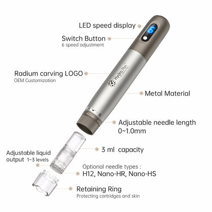 HydraPen h3 avec affichage de vitesse LED, 6 vitesses, profondeur d'aiguille réglable 0–1,0 mm, réservoir de liquide de 3 ml, libération de liquide réglable et types d'aiguilles compatibles H12, Nano-HR et Nano-HS.