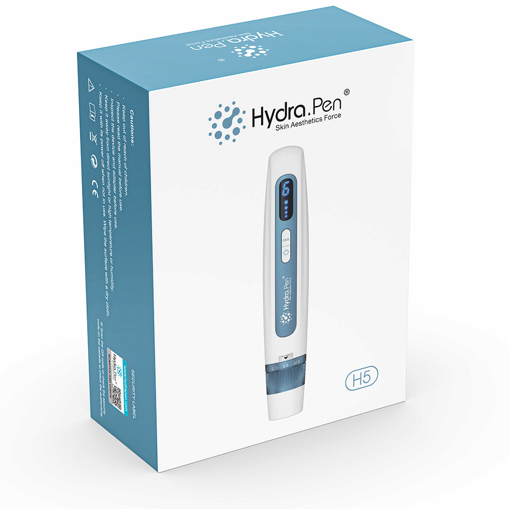 Emballage HydraPen H5 montrant le stylo microneedling blanc et bleu pour infusion de sérum et traitement cutané avancé.