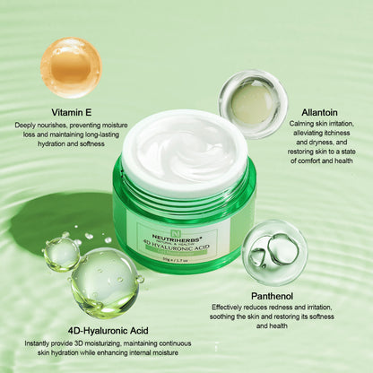 Neutriherbs 4D Hyaluronic Acid Gel Moisturizer 50 g avec illustration des ingrédients actifs. La crème contient de l’acide hyaluronique 4D pour une hydratation longue durée ainsi que de la vitamine E, du panthénol et de l’allantoïne qui aident à hydrater, apaiser la peau et renforcer la barrière protectrice de la peau.
