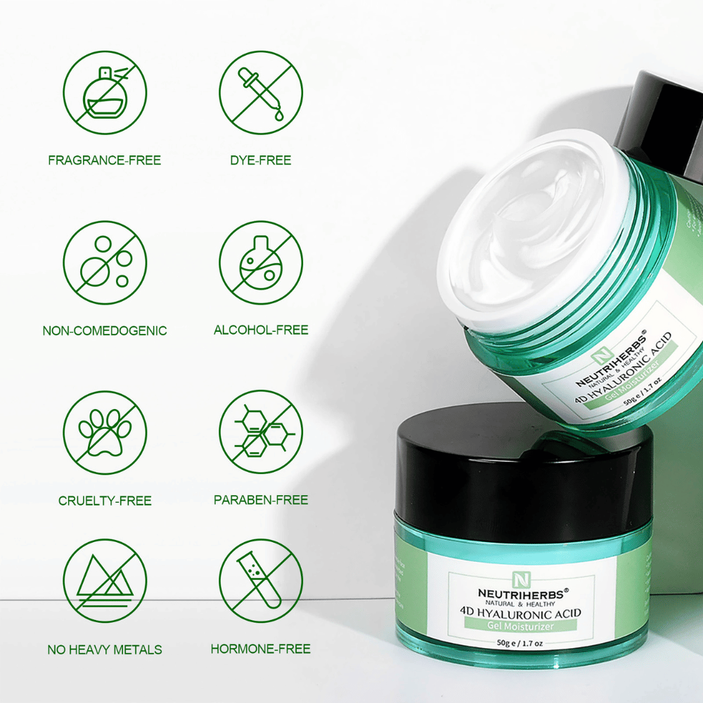Neutriherbs 4D Hyaluronic Acid Gel Moisturizer 50 g avec illustration des caractéristiques du produit. La crème-gel est sans parfum, sans alcool, sans colorants, non comédogène, sans parabènes et cruelty-free, ainsi que sans métaux lourds ni hormones, ce qui la rend douce pour tous les types de peau, même les peaux sensibles.