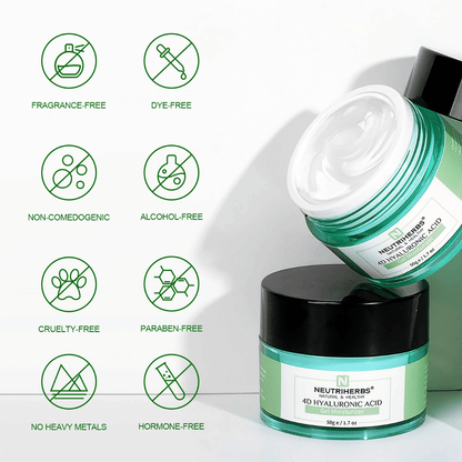 Neutriherbs 4D Hyaluronic Acid Gel Moisturizer 50 g avec illustration des caractéristiques du produit. La crème-gel est sans parfum, sans alcool, sans colorants, non comédogène, sans parabènes et cruelty-free, ainsi que sans métaux lourds ni hormones, ce qui la rend douce pour tous les types de peau, même les peaux sensibles.