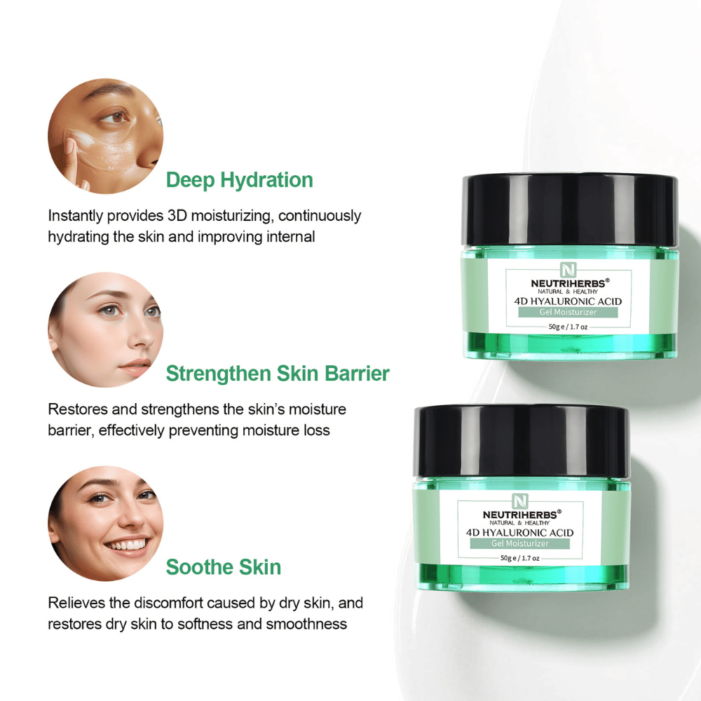 Neutriherbs 4D Hyaluronic Acid Gel Moisturizer 50 g avec illustration des principaux bienfaits du produit. La crème-gel procure une hydratation intense, aide à renforcer la barrière protectrice de la peau et apaise les peaux sèches et sensibles pour une sensation de peau plus douce et plus souple.