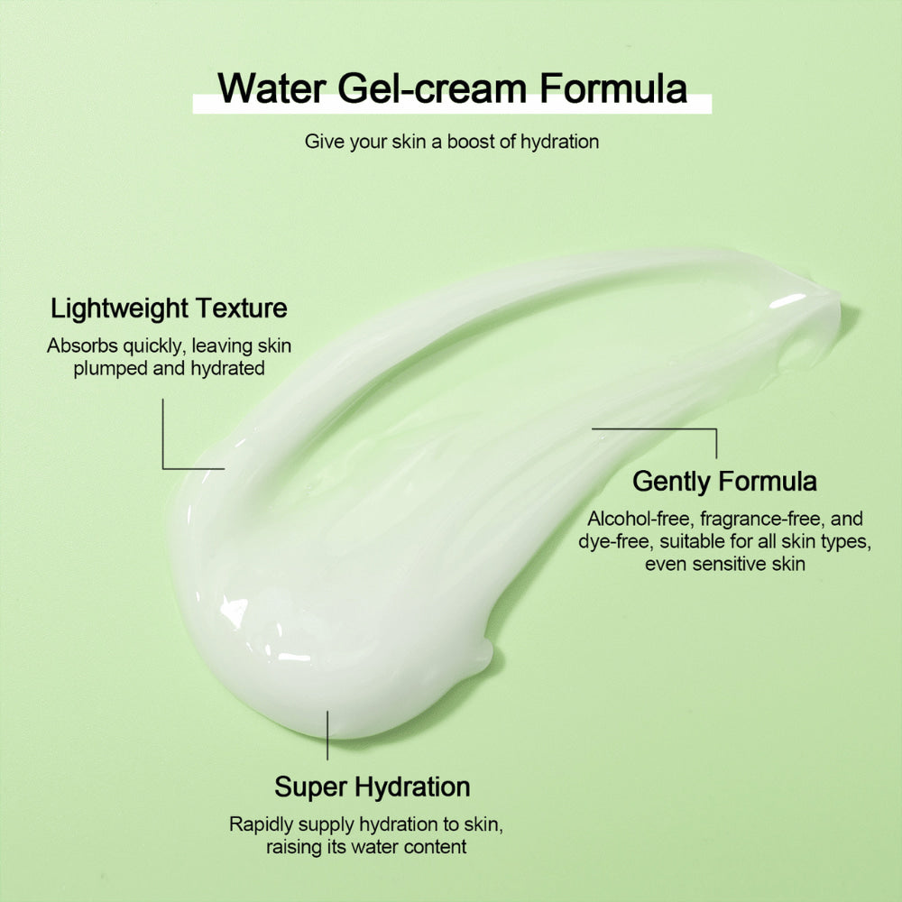Illustration de la texture gel légère de Neutriherbs 4D Hyaluronic Acid Gel Moisturizer. Cette crème-gel à base d’eau pénètre rapidement, offre une hydratation intense et laisse la peau douce, rebondie et fraîche. La formule est douce et convient à tous les types de peau, même aux peaux sensibles.
