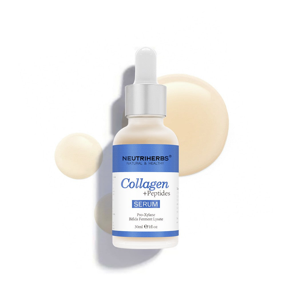 Neutriherbs Collagen + Peptides Serum 30 ml sur fond blanc avec des bulles de collagène décoratives. Sérum visage hydratant et raffermissant qui aide à améliorer l’élasticité de la peau et à réduire les ridules visibles.
