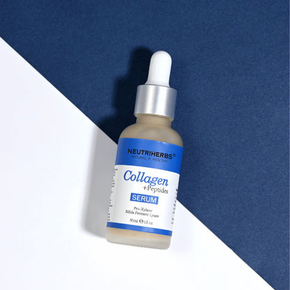 Neutriherbs Collagen + Peptides Serum 30 ml sur fond bleu et blanc épuré. Sérum visage hydratant avec peptides et collagène qui contribue à une peau plus ferme, à une meilleure élasticité et à une texture de peau plus lisse.