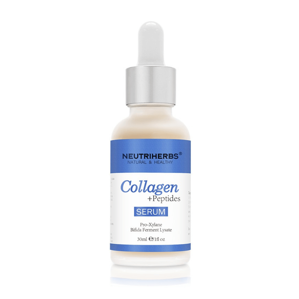 Neutriherbs Collagen + Peptides Serum 30 ml avec collagène et peptides. Sérum visage raffermissant qui améliore l’élasticité de la peau, hydrate en profondeur et aide à réduire les ridules et les signes de l’âge.