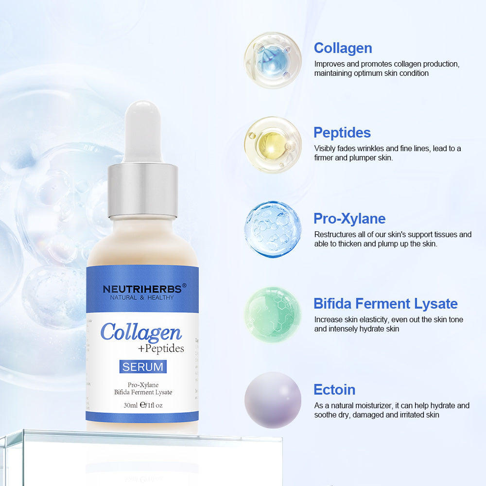 Illustration des ingrédients clés de Neutriherbs Collagen + Peptides Serum 30 ml. Montre le collagène, les peptides, le Pro-Xylane, le Bifida Ferment Lysate et l’ectoïne – des ingrédients qui aident à hydrater la peau, à améliorer l’élasticité et à réduire les ridules visibles.
