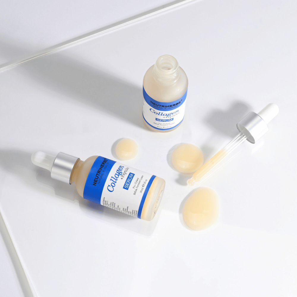 Neutriherbs Collagen + Peptides Serum 30 ml avec flacon ouvert, pipette et texture du sérum. Gros plan montrant la texture soyeuse et l’applicateur pipette pratique pour un dosage précis.
