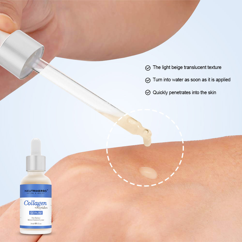 Gros plan de Neutriherbs Collagen + Peptides Serum 30 ml appliqué sur la peau à l’aide d’une pipette. L’image montre la texture légère et rapidement absorbée du sérum, qui hydrate la peau sans sensation collante.
