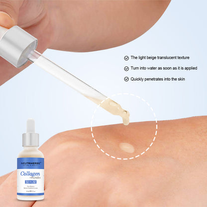 Gros plan de Neutriherbs Collagen + Peptides Serum 30 ml appliqué sur la peau à l’aide d’une pipette. L’image montre la texture légère et rapidement absorbée du sérum, qui hydrate la peau sans sensation collante.