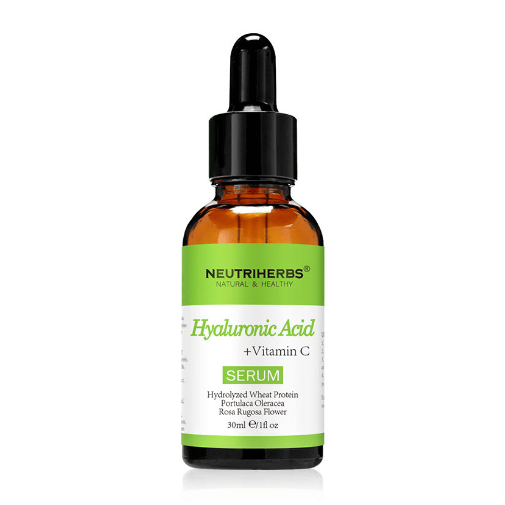 Neutriherbs Hyaluronic Acid + Vitamin C Serum 30 ml avec acide hyaluronique et vitamine C. Sérum visage hydratant qui apporte de l’éclat, unifie le teint et aide à réduire les ridules pour une peau douce et fraîche.