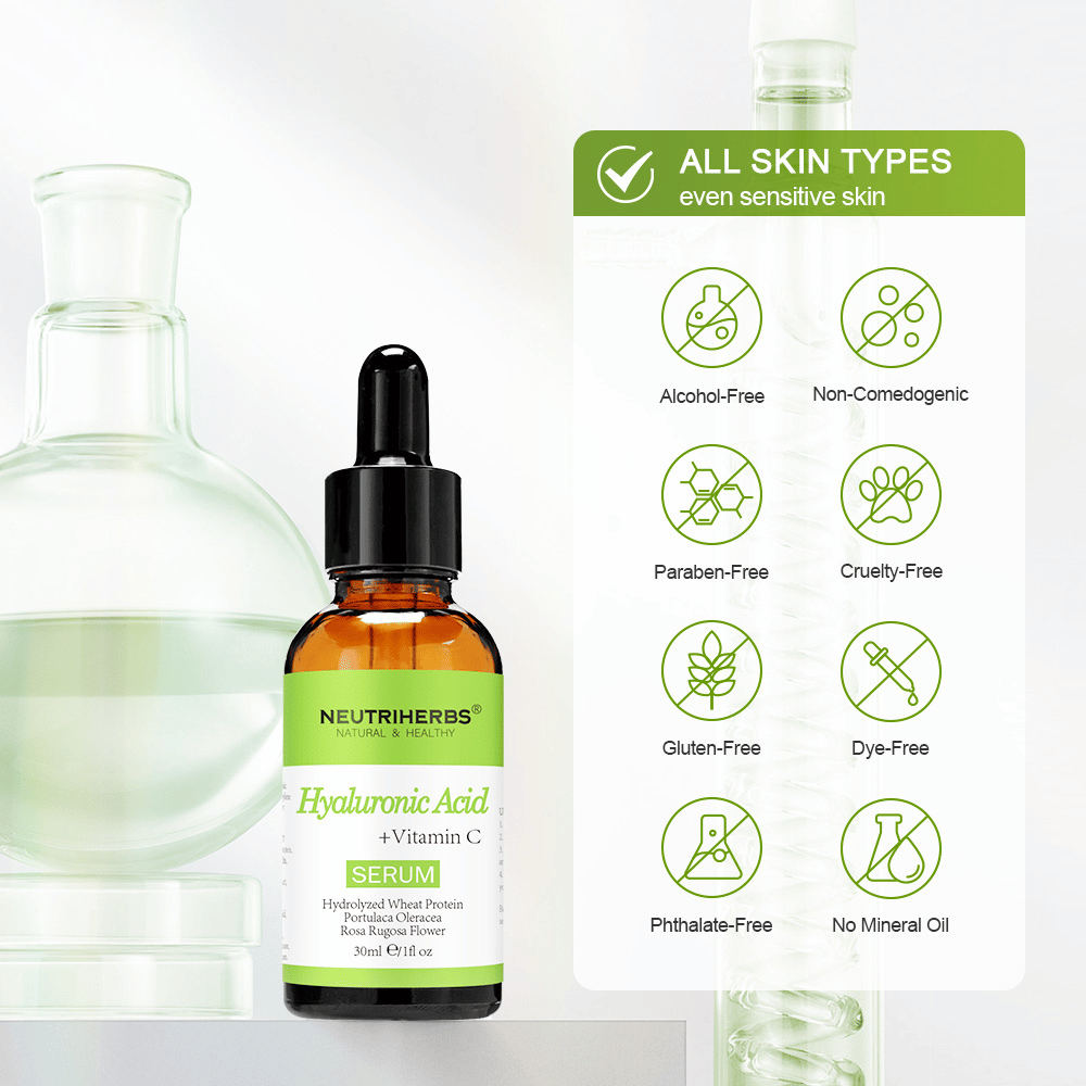 Neutriherbs Hyaluronic Acid + Vitamin C Serum 30 ml pour tous les types de peau, même les peaux sensibles. Sérum visage hydratant sans alcool, parabènes, huile minérale ni colorants, qui renforce la barrière cutanée et apporte de l’éclat à la peau.