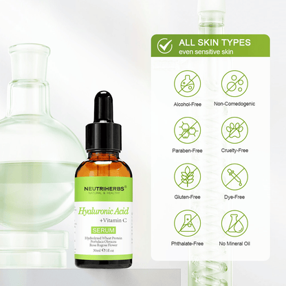 Neutriherbs Hyaluronic Acid + Vitamin C Serum 30 ml pour tous les types de peau, même les peaux sensibles. Sérum visage hydratant sans alcool, parabènes, huile minérale ni colorants, qui renforce la barrière cutanée et apporte de l’éclat à la peau.