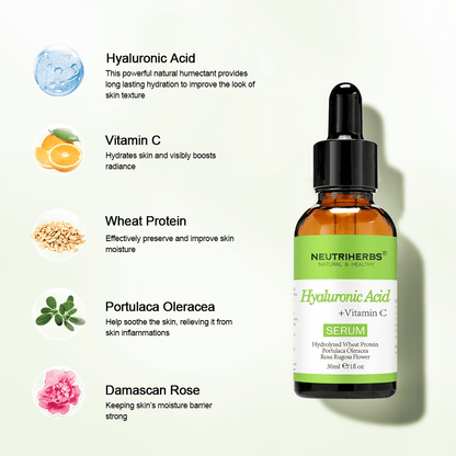 Neutriherbs Hyaluronic Acid + Vitamin C Serum 30 ml avec acide hyaluronique, vitamine C, protéines de blé hydrolysées, Portulaca Oleracea et rose de Damas. Sérum visage hydratant qui renforce la barrière cutanée, apaise la peau et apporte davantage d’éclat.