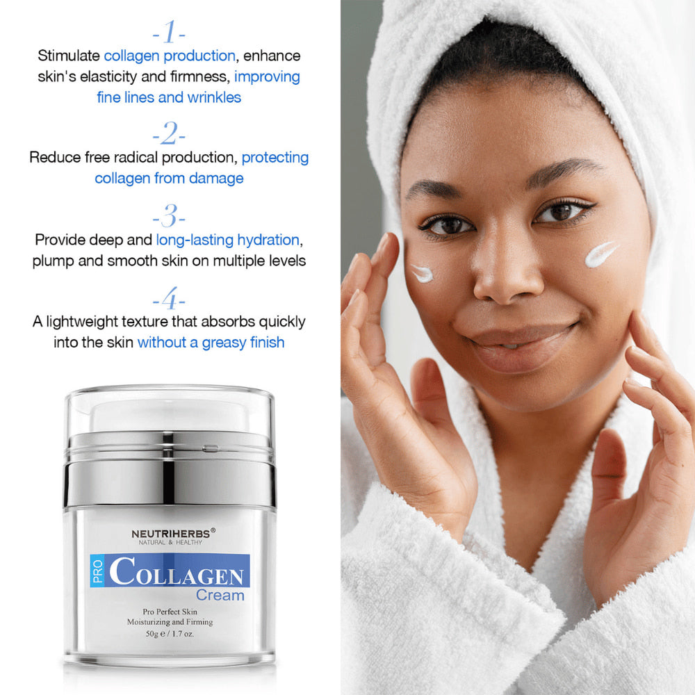 Neutriherbs Pro Collagen Cream 50 g crème visage hydratante au collagène. Image montrant la crème appliquée sur la peau et mettant en avant les propriétés du produit : stimule la production de collagène, contribue à une peau plus ferme, procure une hydratation longue durée et pénètre rapidement sans sensation grasse.