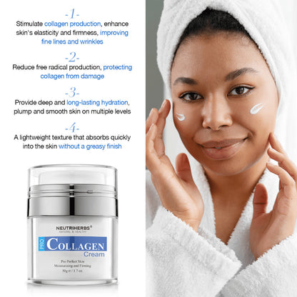 Neutriherbs Pro Collagen Cream 50 g crème visage hydratante au collagène. Image montrant la crème appliquée sur la peau et mettant en avant les propriétés du produit : stimule la production de collagène, contribue à une peau plus ferme, procure une hydratation longue durée et pénètre rapidement sans sensation grasse.