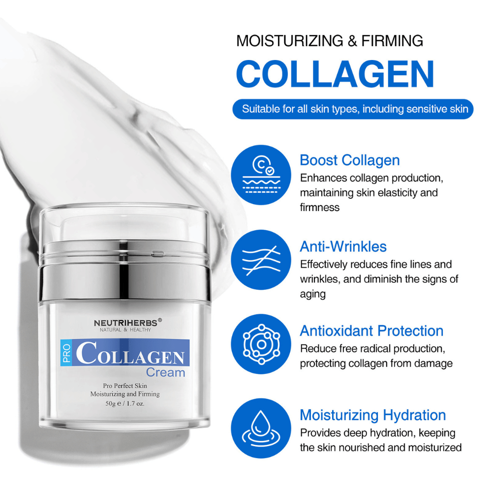 Neutriherbs Pro Collagen Cream 50 g crème visage hydratante au collagène. Image informative décrivant les principaux avantages du produit : stimule la production de collagène, contribue à une peau plus ferme, lutte contre les ridules et les rides, offre une protection antioxydante et hydrate la peau en profondeur. Convient à tous les types de peau, même les peaux sensibles.