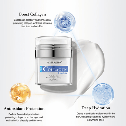 Neutriherbs Pro Collagen Cream 50 g avec collagène et ingrédients hydratants. L’image met en avant trois principaux avantages : stimule le collagène de la peau, procure une hydratation profonde et offre une protection antioxydante pour une peau plus ferme, plus douce et mieux hydratée.