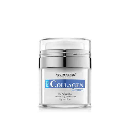 Neutriherbs Pro Collagen Cream 50 g dans un pot au design élégant. Une crème visage hydratante et raffermissante développée pour améliorer l’élasticité de la peau, offrir une hydratation longue durée et contribuer à une peau plus ferme avec une sensation douce et souple.