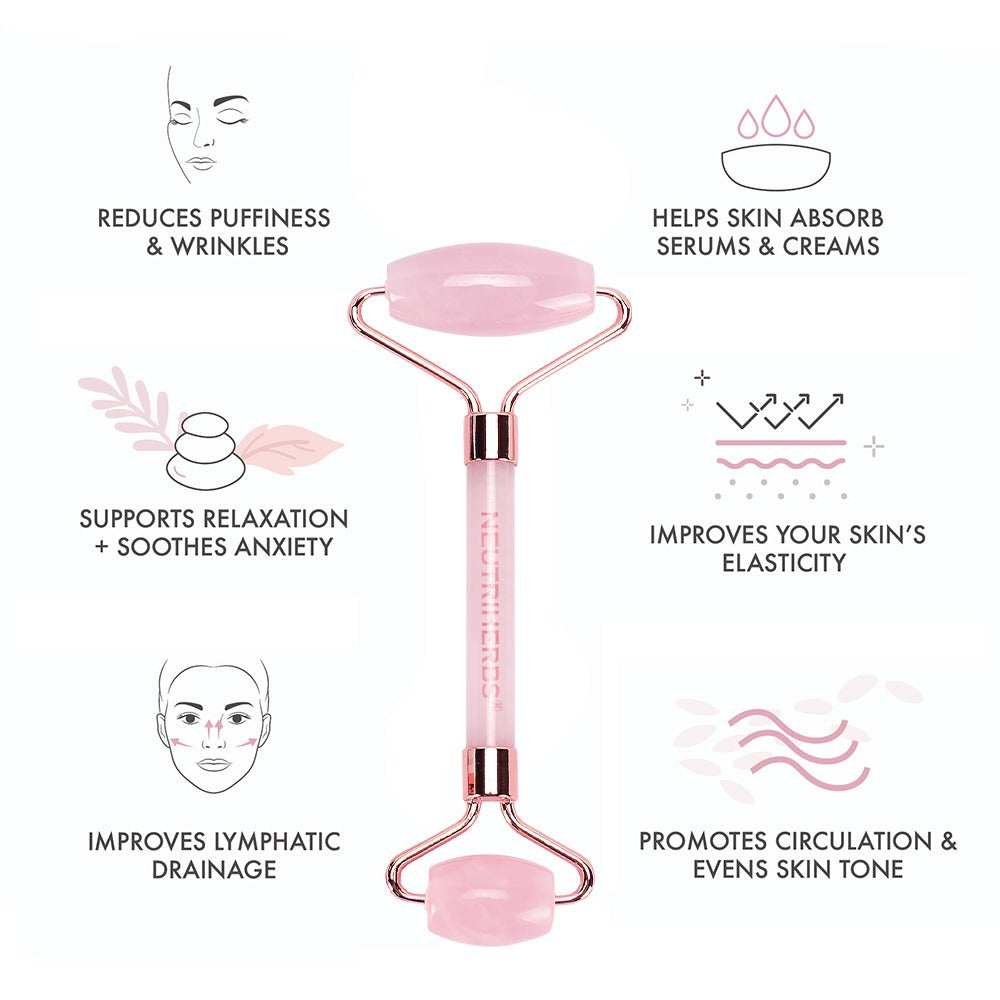 Neutriherbs rouleau en quartz rose pour massage facial qui complète la routine quotidienne de soins de la peau.
