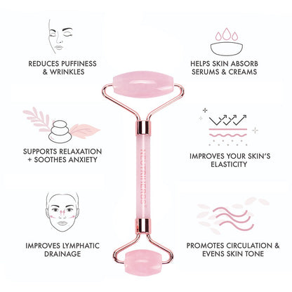 Neutriherbs rouleau en quartz rose pour massage facial qui complète la routine quotidienne de soins de la peau.