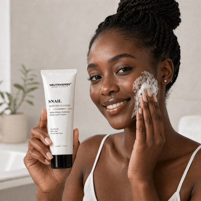 Une femme utilise Neutriherbs Snail All In One Cleanser avec une mousse nettoyante riche pour un nettoyage du visage en douceur. Un nettoyant hydratant pour le visage qui nettoie efficacement la peau sans l’assécher et convient à tous les types de peau.
