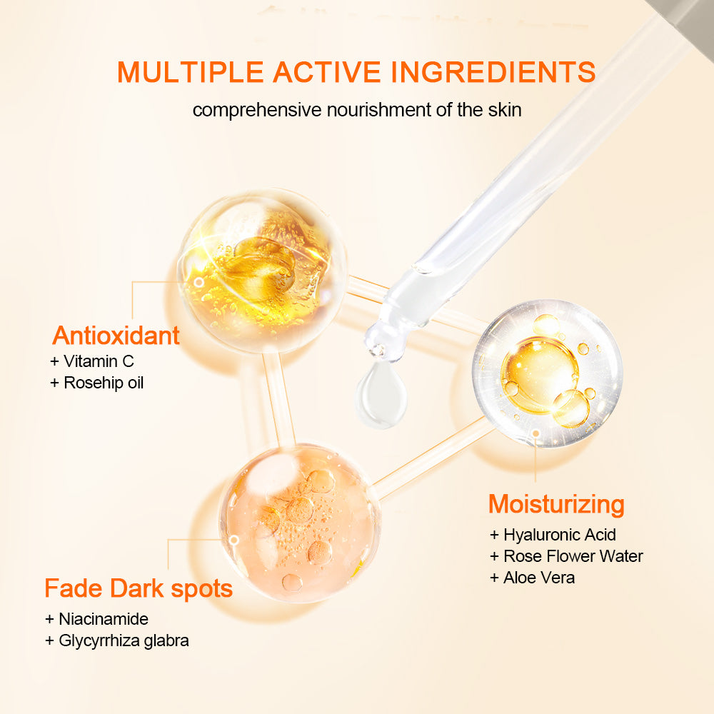 Illustration montrant les ingrédients actifs du Neutriherbs Sérum Vitamine C + Acide Hyaluronique. La vitamine C et l’huile de cynorrhodon offrent une protection antioxydante, l’acide hyaluronique, l’eau de rose et l’aloe vera hydratent la peau, tandis que la niacinamide et la réglisse contribuent à réduire les taches pigmentaires et à uniformiser le teint.