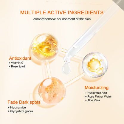 Illustration montrant les ingrédients actifs du Neutriherbs Sérum Vitamine C + Acide Hyaluronique. La vitamine C et l’huile de cynorrhodon offrent une protection antioxydante, l’acide hyaluronique, l’eau de rose et l’aloe vera hydratent la peau, tandis que la niacinamide et la réglisse contribuent à réduire les taches pigmentaires et à uniformiser le teint.