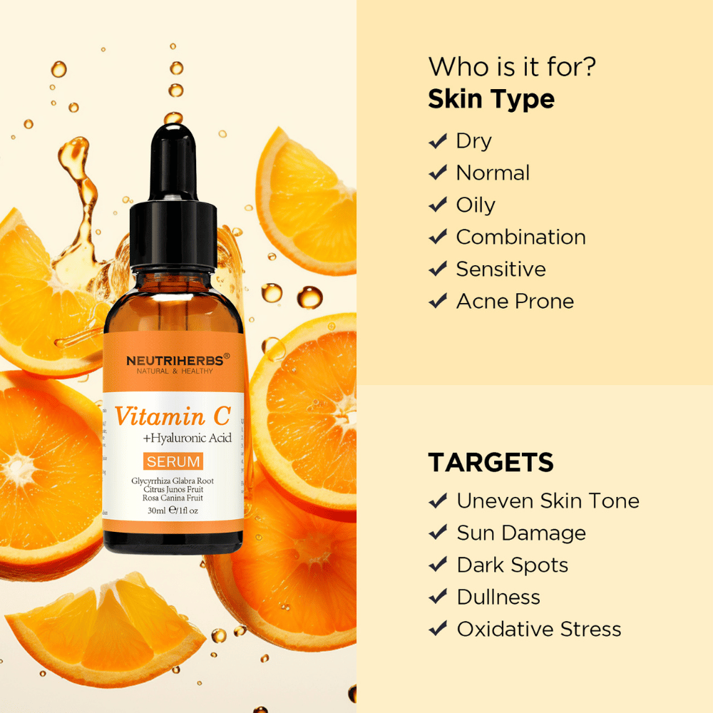 Neutriherbs Sérum Vitamine C + Acide Hyaluronique 30 ml avec des oranges. L’illustration montre que le sérum convient à tous les types de peau, y compris les peaux sensibles et à tendance acnéique, et qu’il est développé pour le teint irrégulier, les taches pigmentaires, les dommages causés par le soleil, le teint terne et le stress oxydatif.