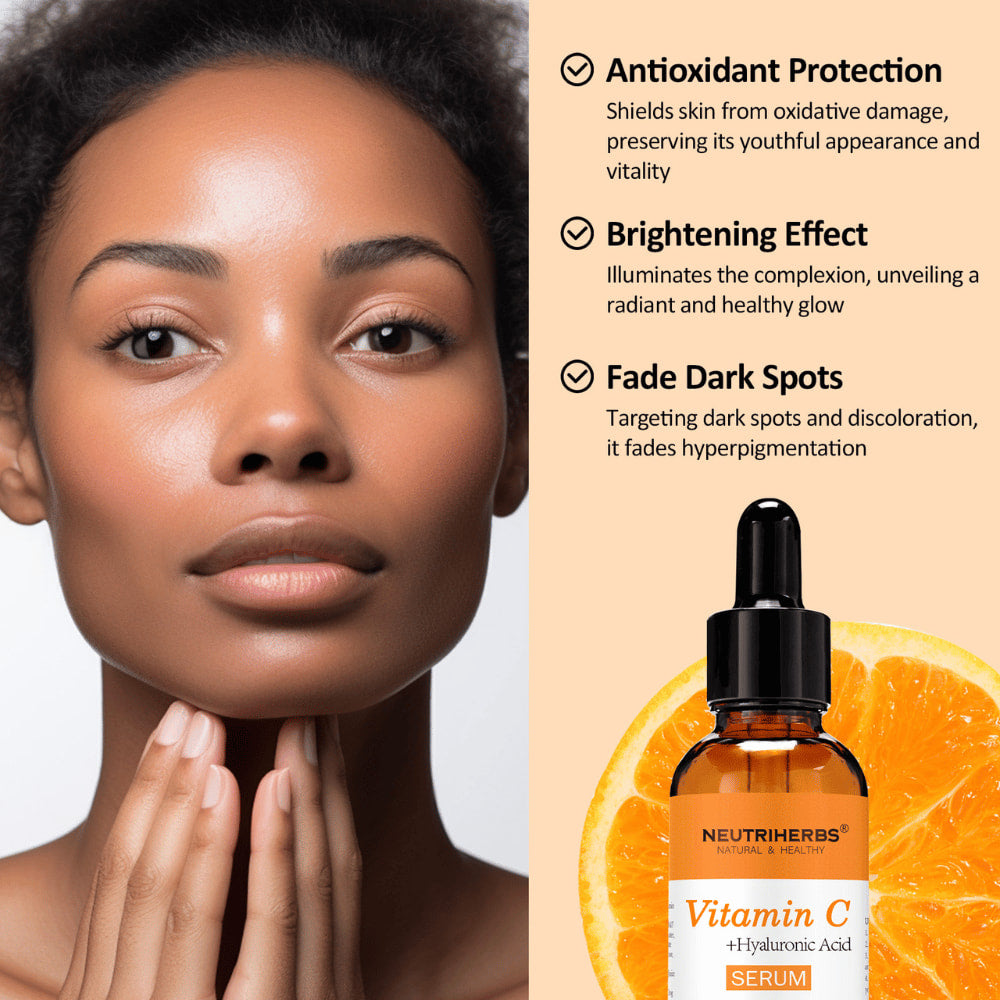 Femme à la peau uniforme et éclatante avec Neutriherbs Sérum Vitamine C + Acide Hyaluronique 30 ml. Sérum à la vitamine C et à l’acide hyaluronique qui aide à protéger la peau contre les radicaux libres, à apporter plus d’éclat et à réduire la visibilité des taches pigmentaires.